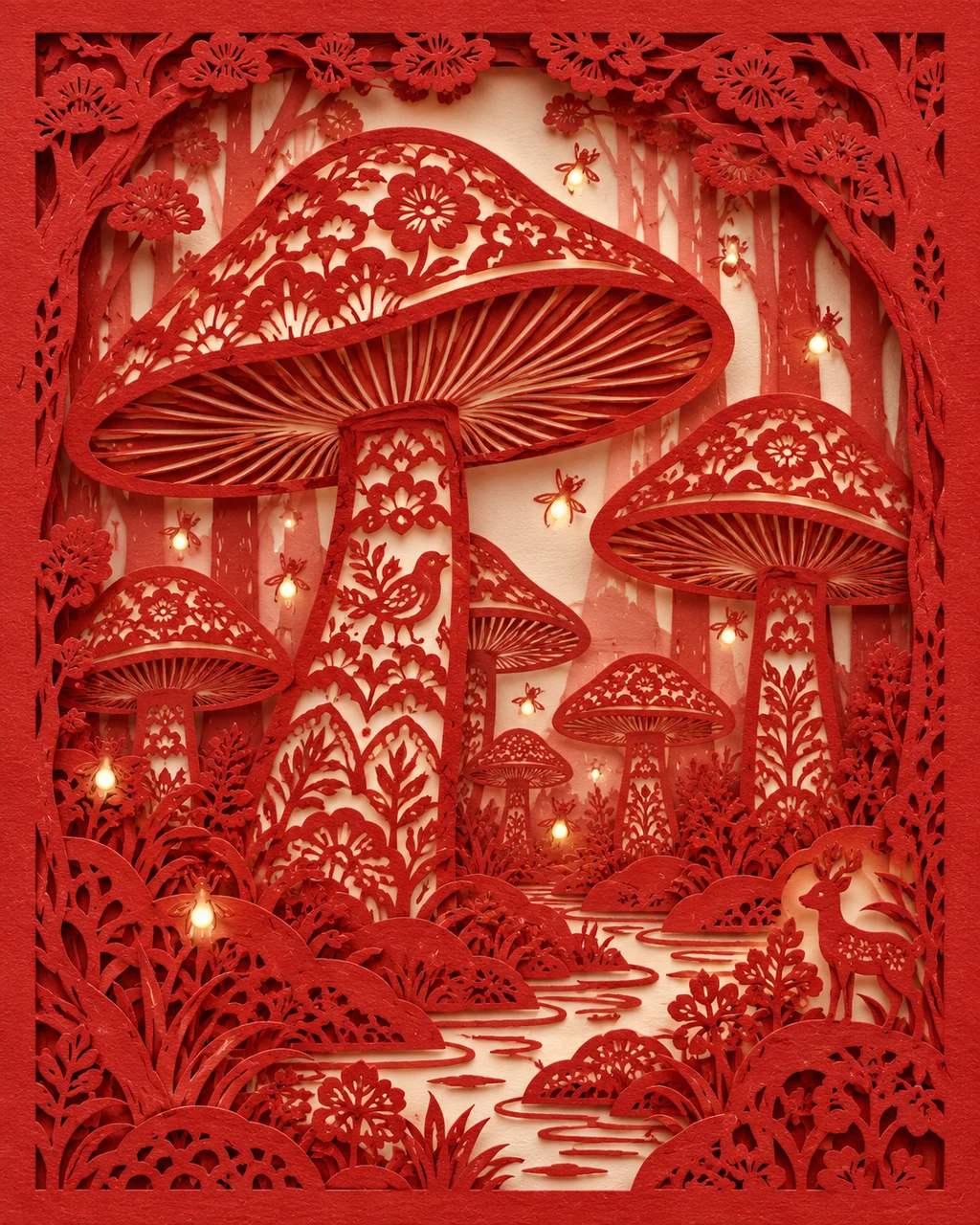 Mushroom Forest · Traditional Red Paper-cut