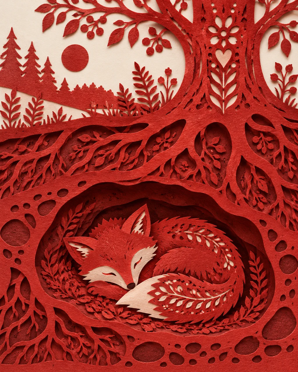 Sleeping Fox in a Burrow · Traditional Red Paper-cut