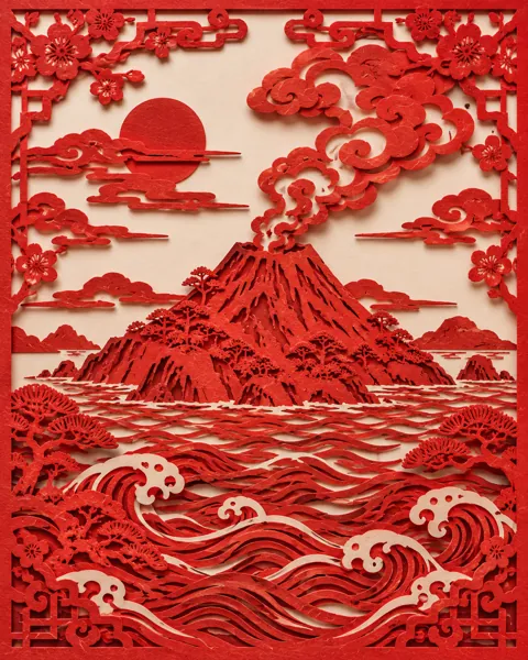 Volcanic Island · Traditional Red Paper-cut