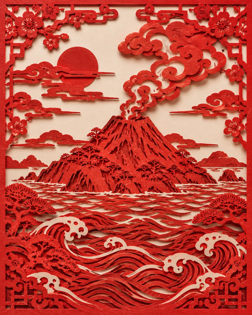 Volcanic Island · Traditional Red Paper-cut