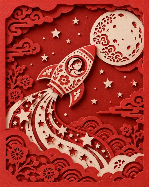 Rocket to the Moon · Traditional Red Paper-cut