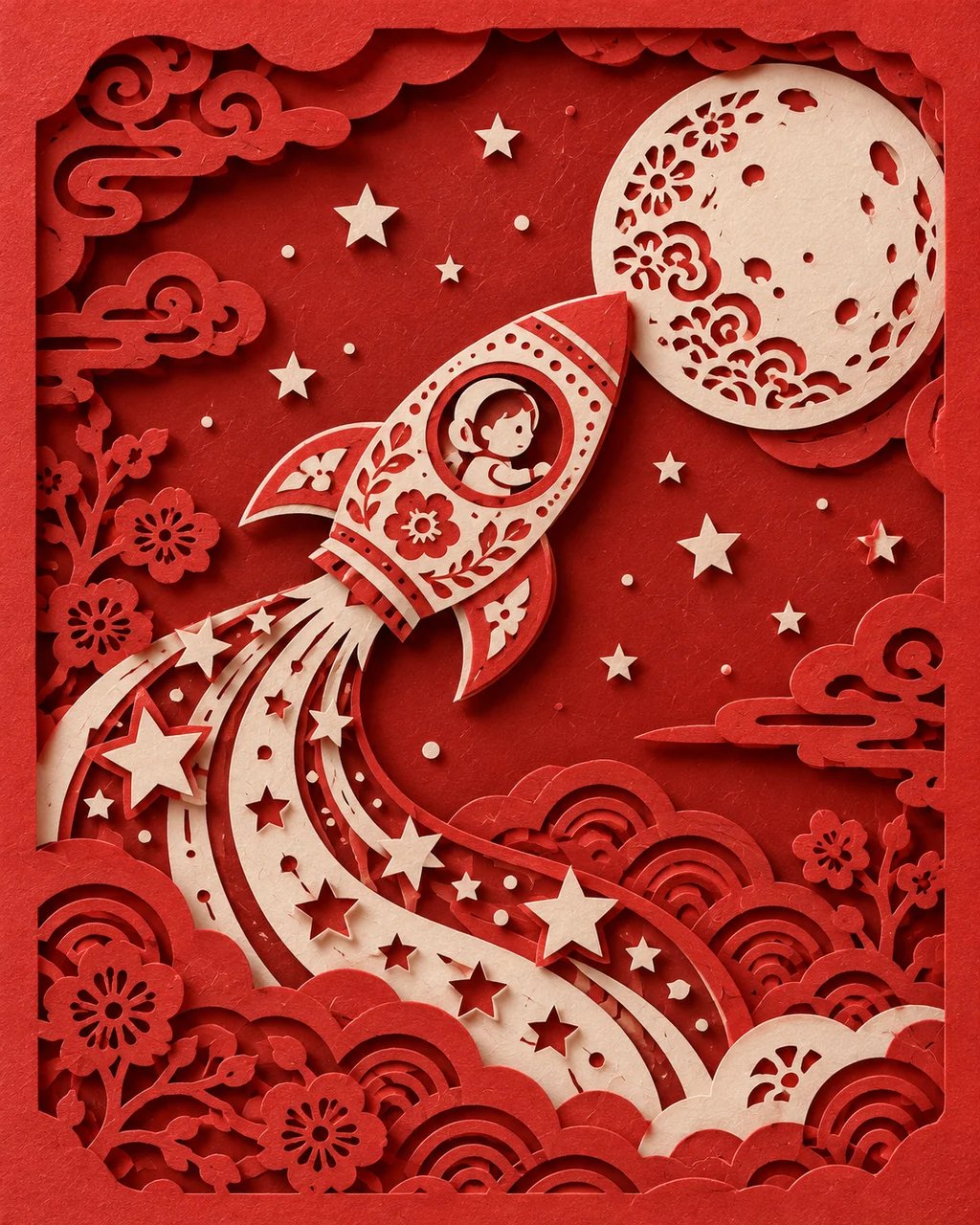 Rocket to the Moon · Traditional Red Paper-cut
