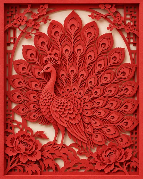 Peacock Display · Traditional Red Paper-cut