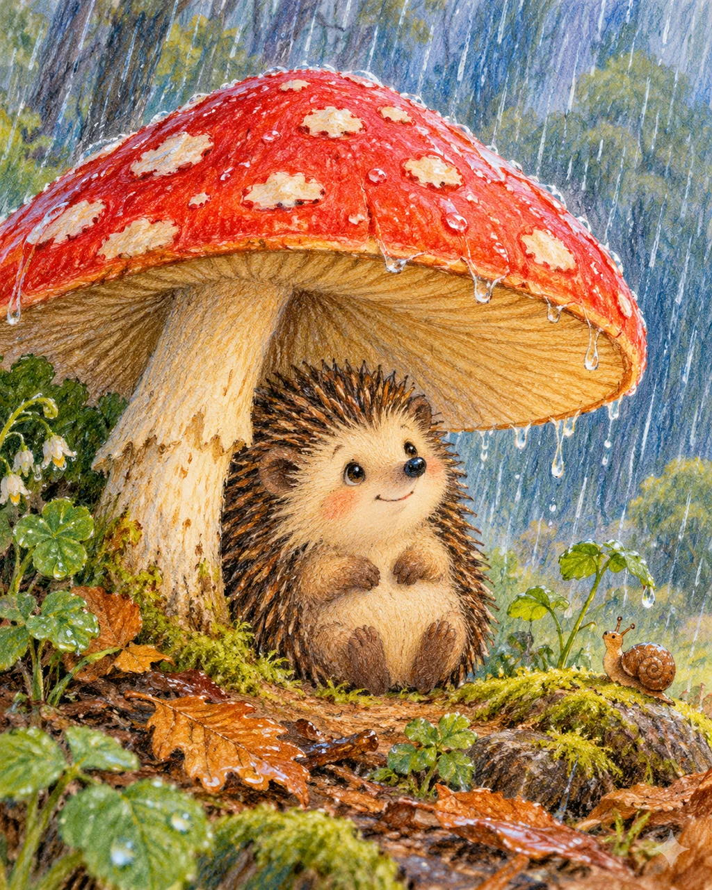Hedgehog Under a Mushroom · Crayon and Colored Pencil