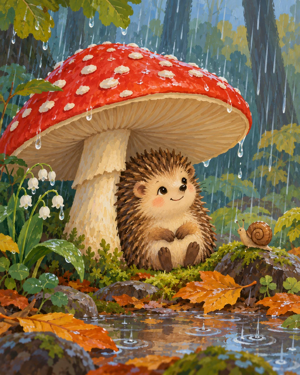 Hedgehog Under a Mushroom · Gouache Storybook