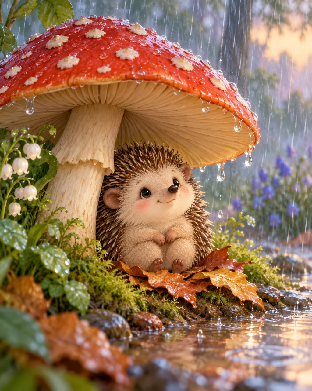 Hedgehog Under a Mushroom · Soft Digital Pastel