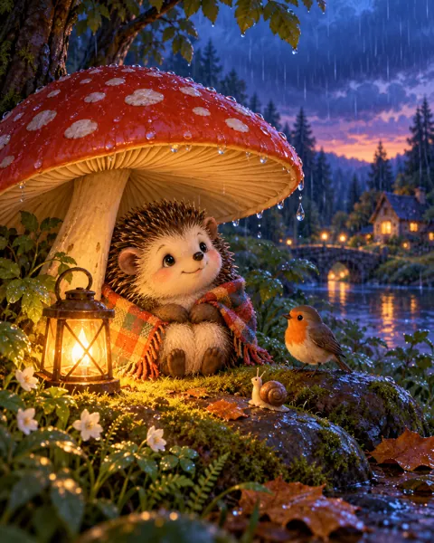 Hedgehog Under a Mushroom · Twilight Lantern Glow