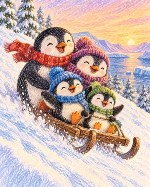 Penguin Family Sledding · Crayon and Colored Pencil