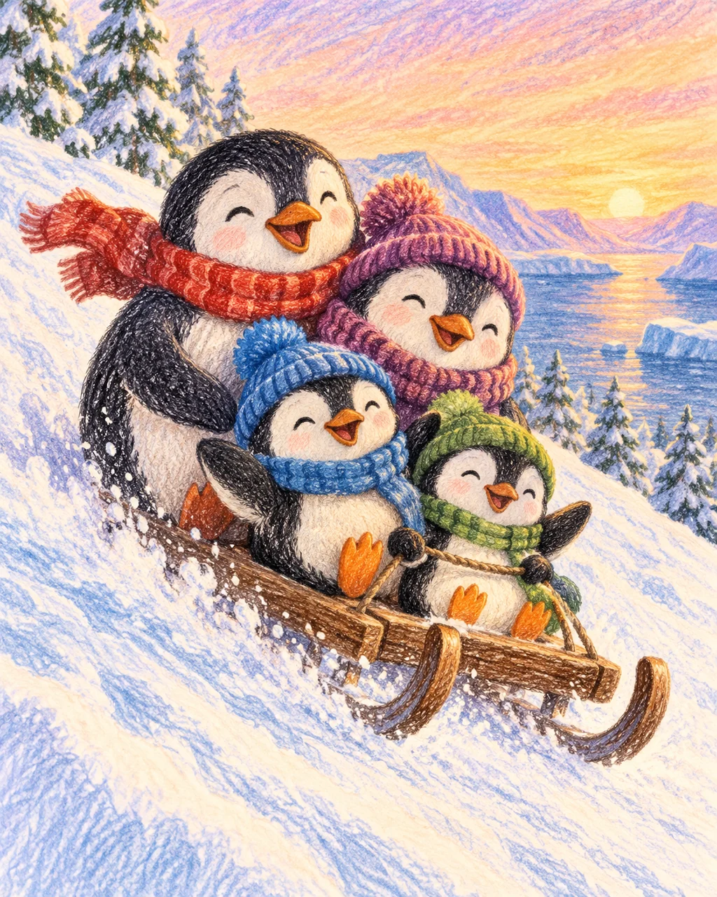Penguin Family Sledding · Crayon and Colored Pencil