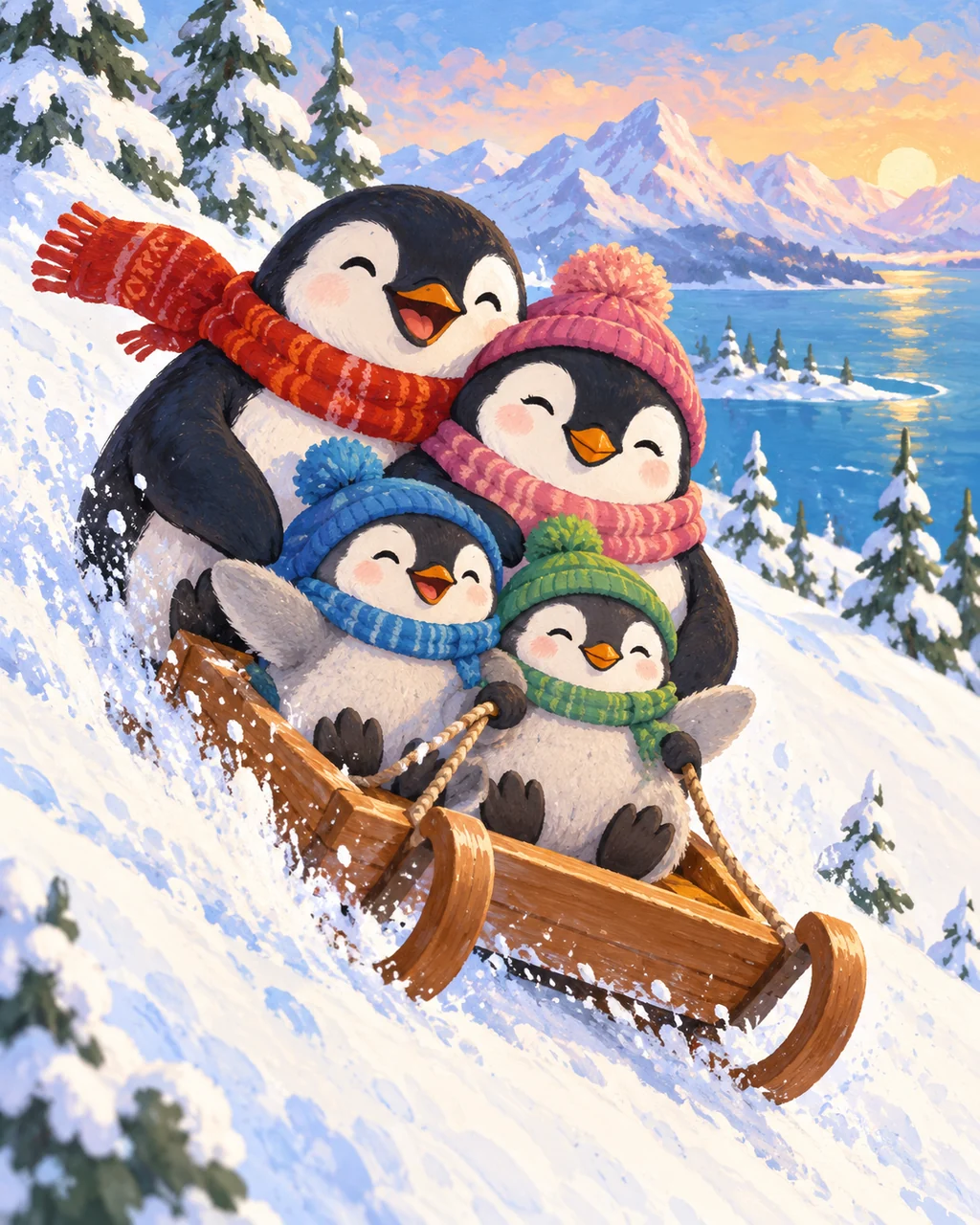 Penguin Family Sledding · Gouache Storybook