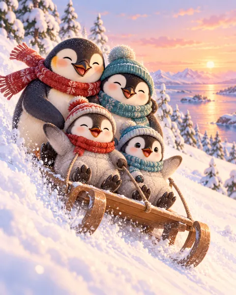 Penguin Family Sledding · Soft Digital Pastel