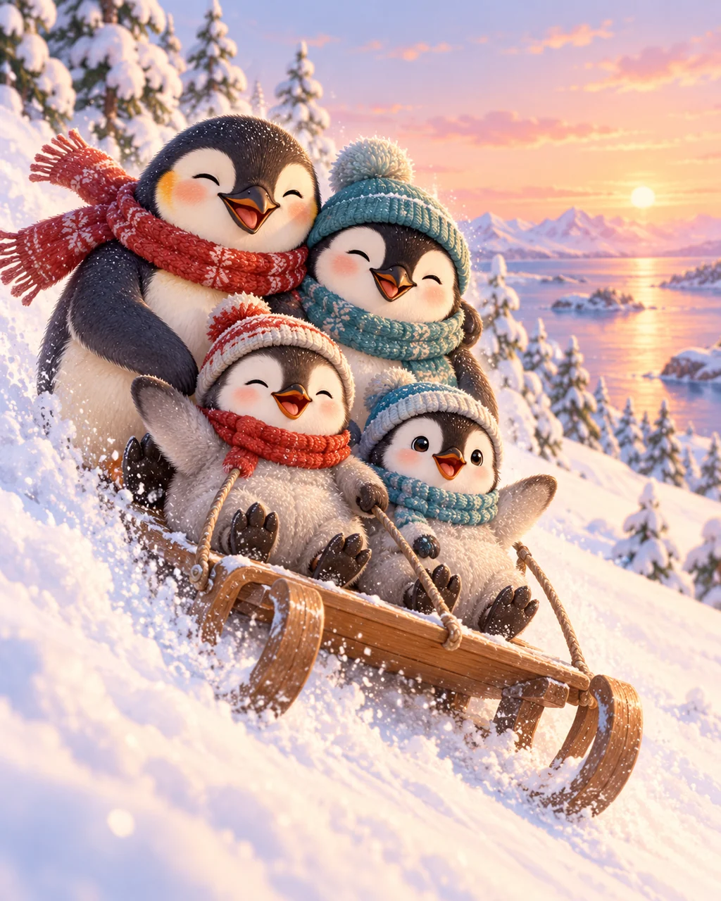Penguin Family Sledding · Soft Digital Pastel