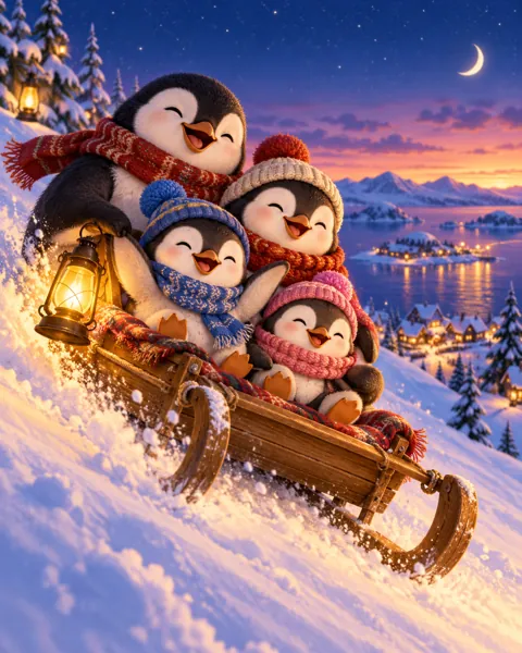 Penguin Family Sledding · Twilight Lantern Glow