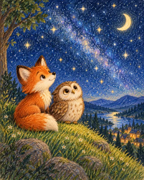 Fox and Owl Stargazing · Crayon and Colored Pencil