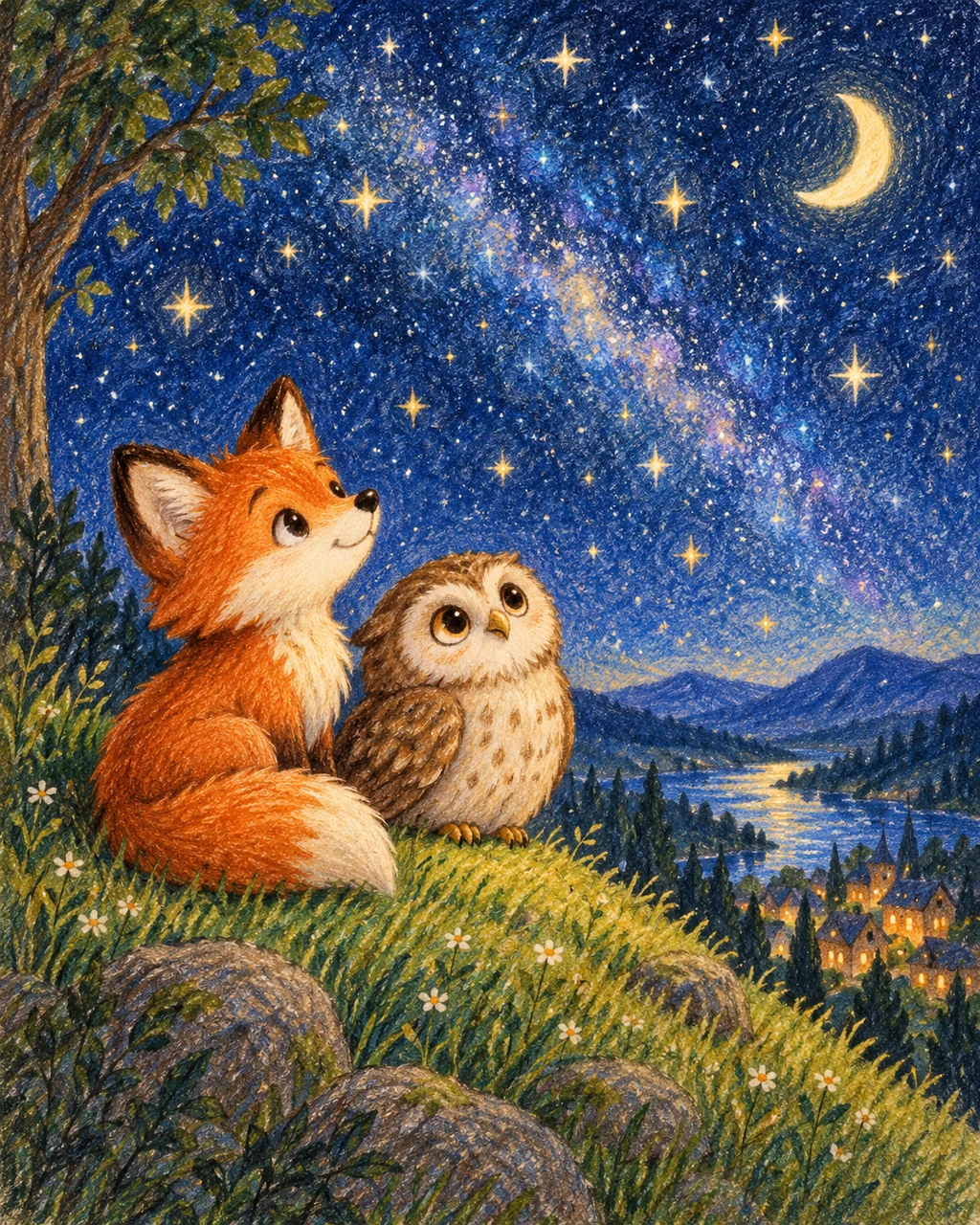 Fox and Owl Stargazing · Crayon and Colored Pencil