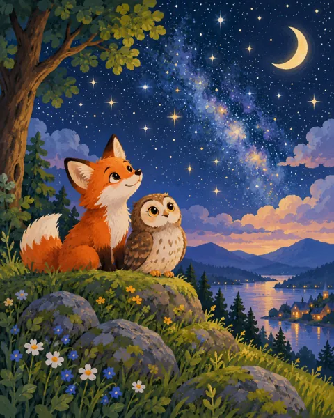 Fox and Owl Stargazing · Gouache Storybook