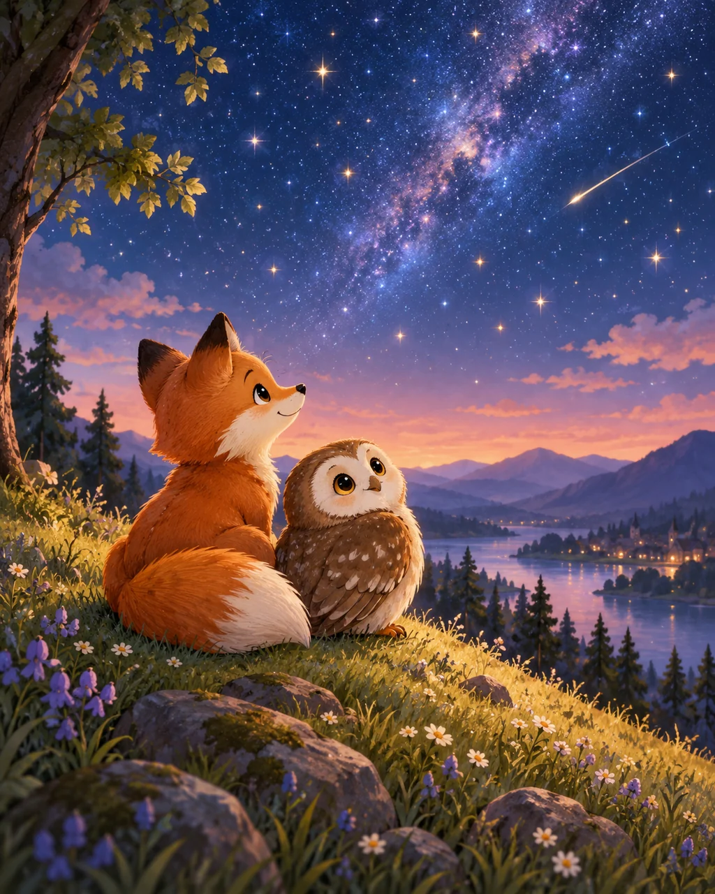 Fox and Owl Stargazing · Soft Digital Pastel