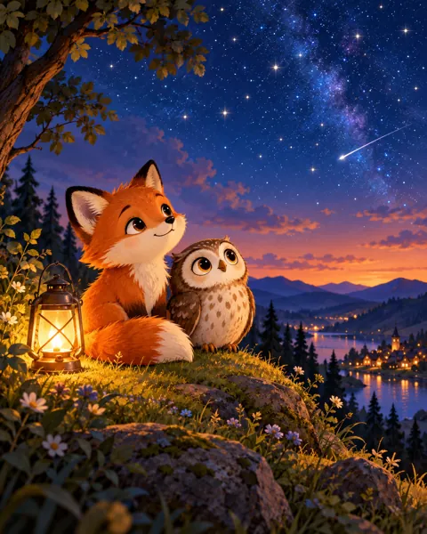 Fox and Owl Stargazing · Twilight Lantern Glow