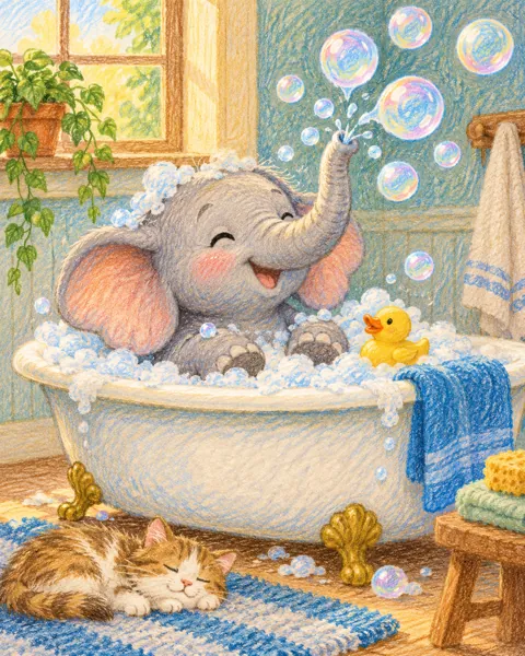 Elephant Bubble Bath · Crayon and Colored Pencil