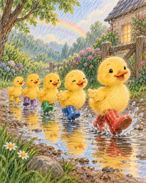 Duckling Puddle Parade · Crayon and Colored Pencil