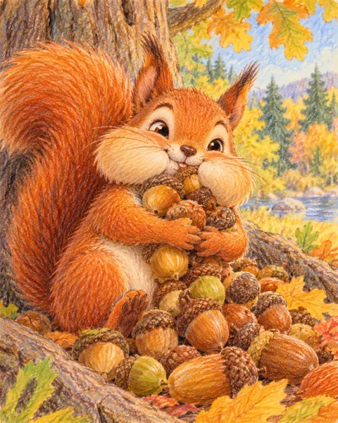 Squirrel and Acorns · Crayon and Colored Pencil