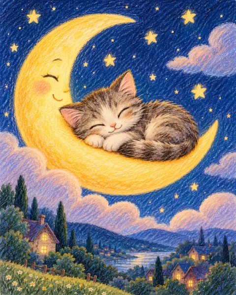 Cat on the Crescent Moon · Crayon and Colored Pencil