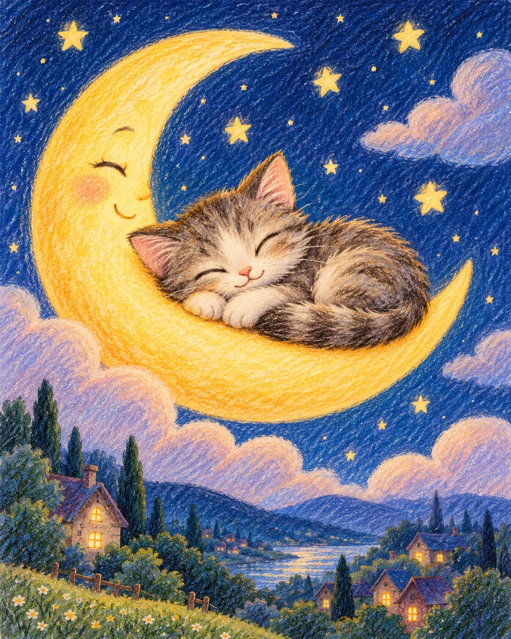 Cat on the Crescent Moon · Crayon and Colored Pencil
