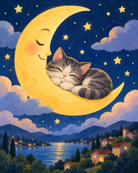 Cat on the Crescent Moon · Gouache Storybook