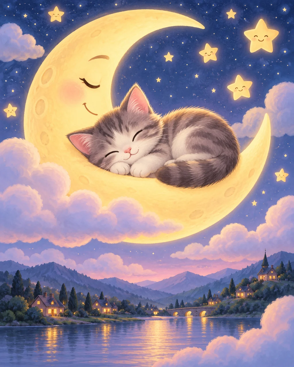 Cat on the Crescent Moon · Soft Digital Pastel
