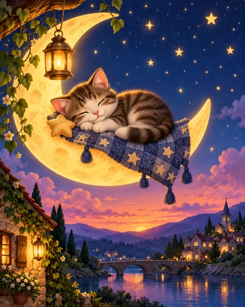 Cat on the Crescent Moon · Twilight Lantern Glow