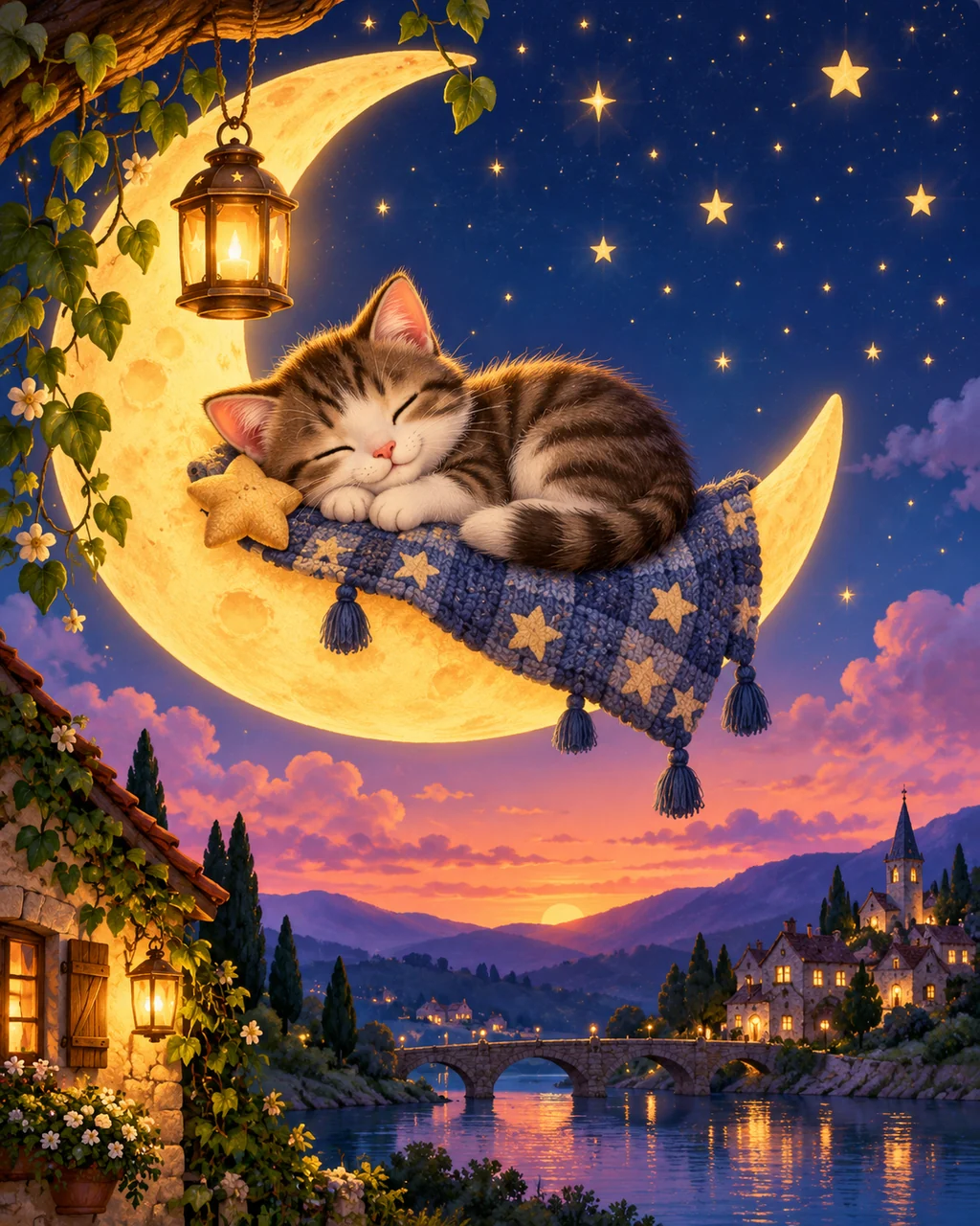 Cat on the Crescent Moon · Twilight Lantern Glow