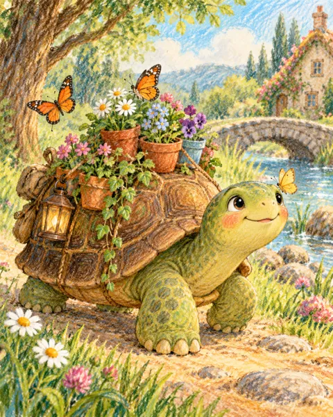 Turtle Garden Express · Crayon and Colored Pencil