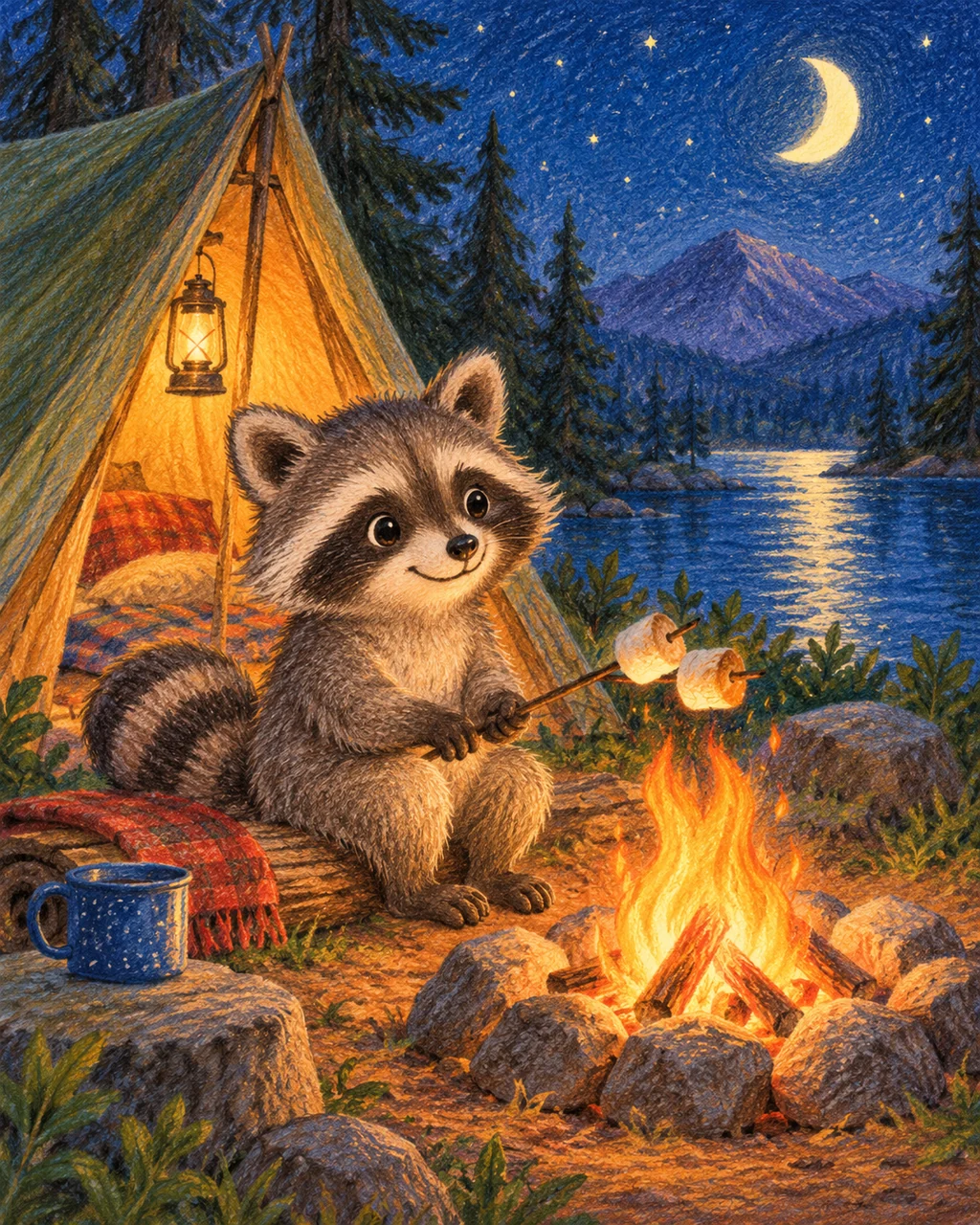 Raccoon Campout · Crayon and Colored Pencil
