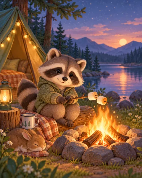 Raccoon Campout · Soft Digital Pastel