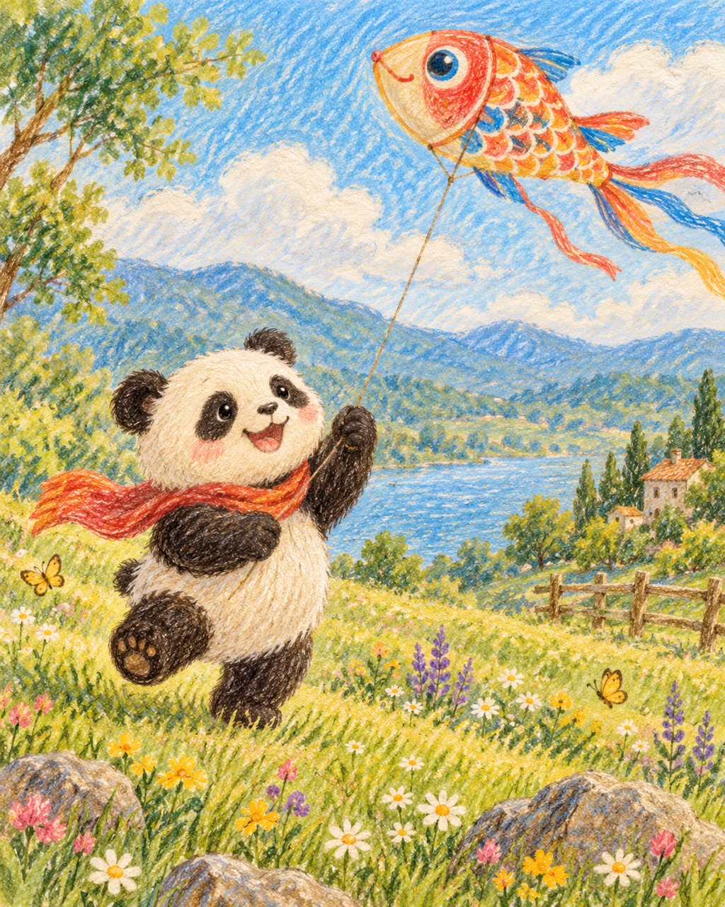 Panda Flying a Kite · Crayon and Colored Pencil