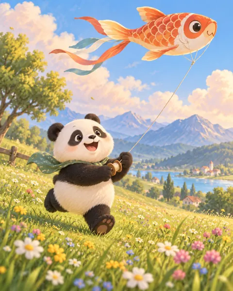 Panda Flying a Kite · Soft Digital Pastel