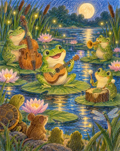 Frog Pond Concert · Crayon and Colored Pencil