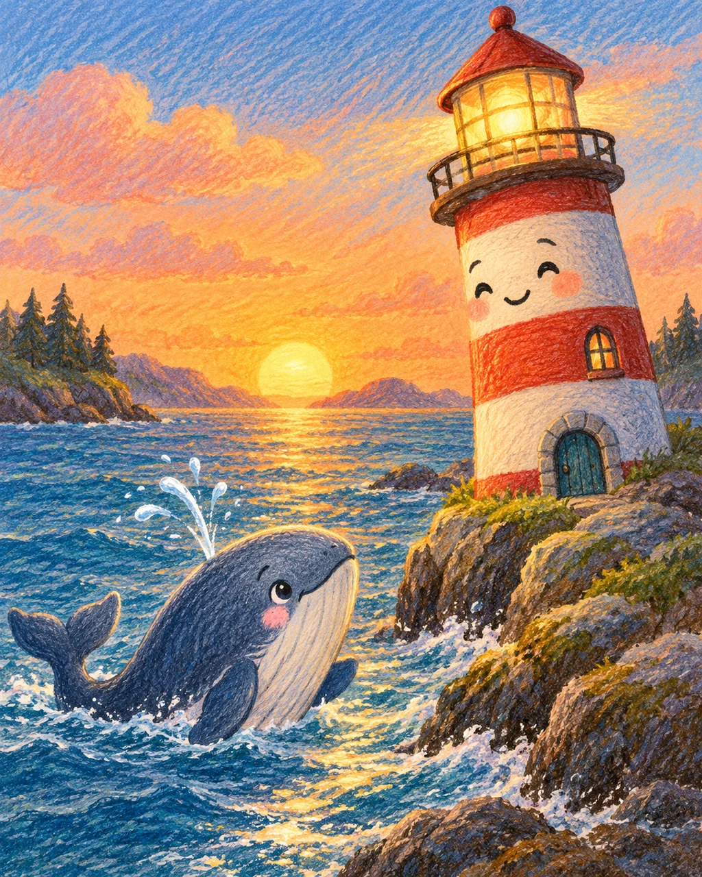 Little Whale and Lighthouse · Crayon and Colored Pencil