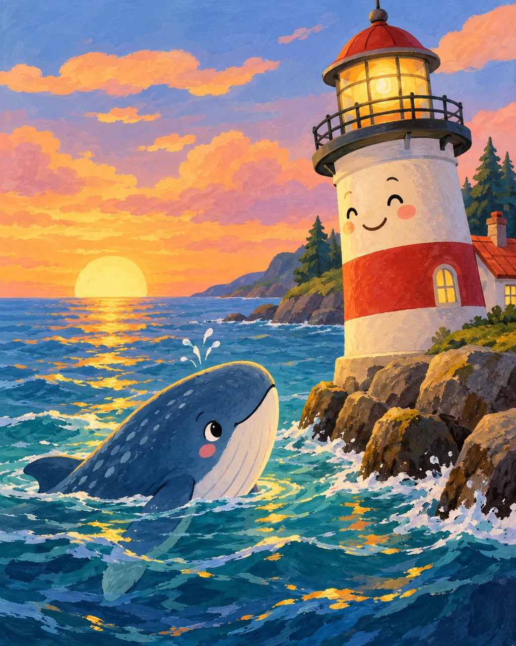 Little Whale and Lighthouse · Gouache Storybook