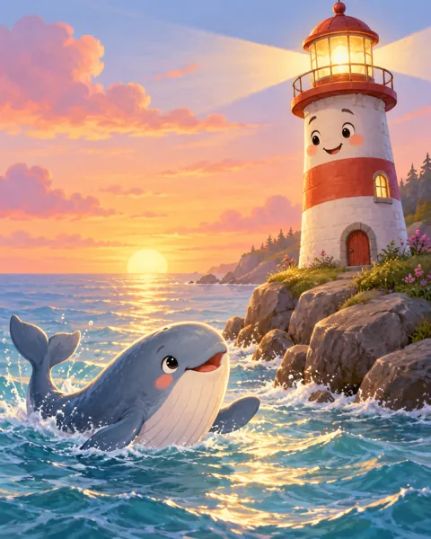 Little Whale and Lighthouse · Soft Digital Pastel