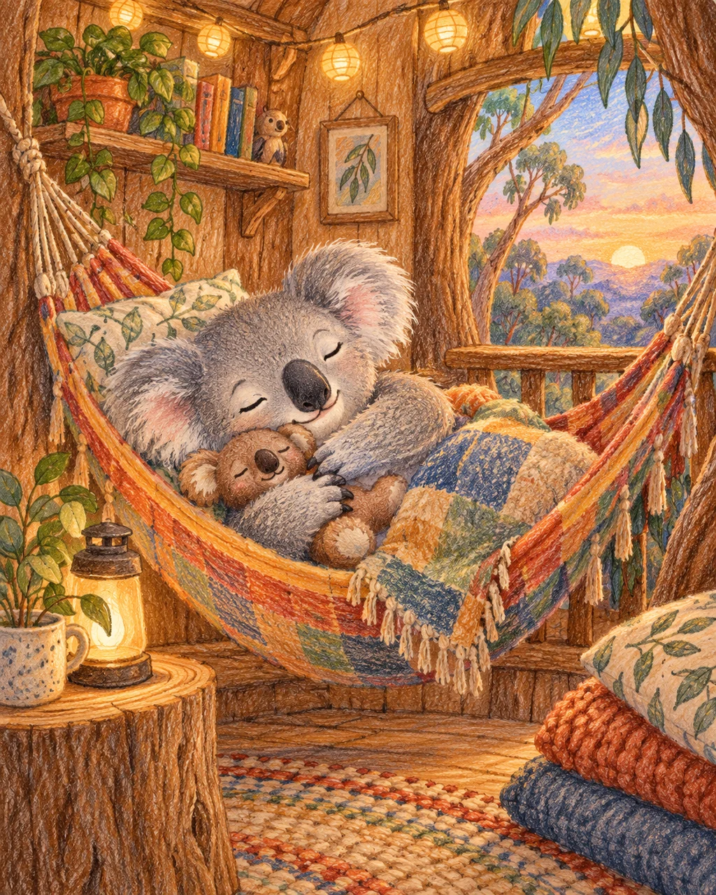 Koala Treehouse Nap · Crayon and Colored Pencil