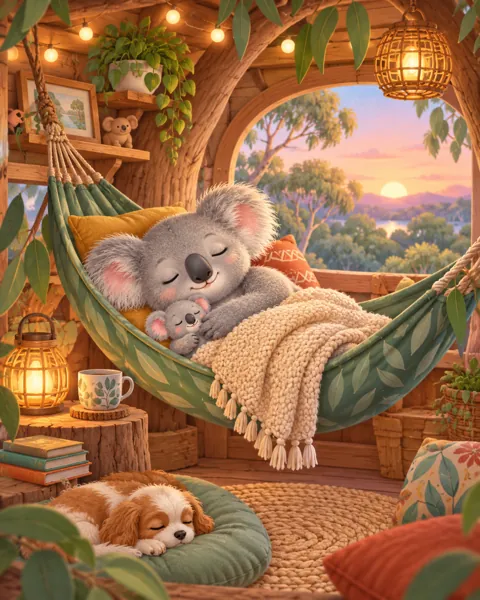 Koala Treehouse Nap · Soft Digital Pastel