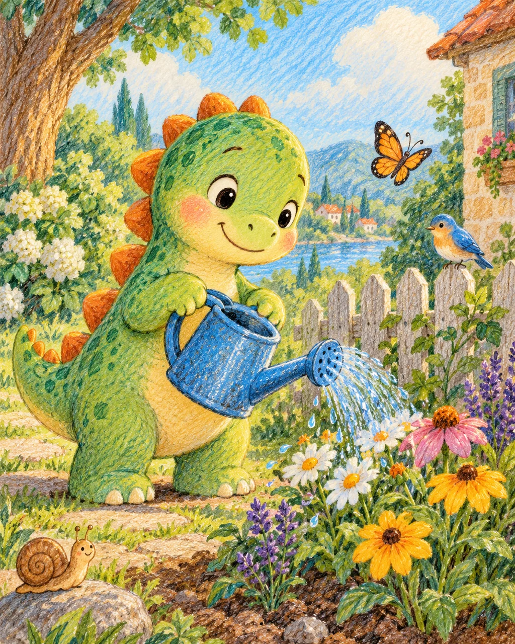Baby Dinosaur Gardener · Crayon and Colored Pencil