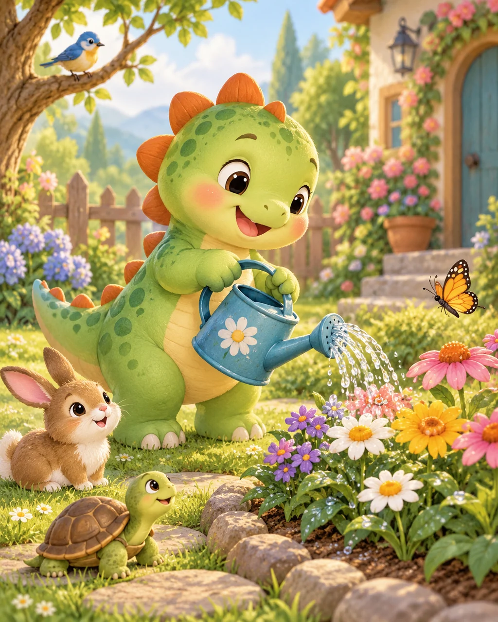 Baby Dinosaur Gardener · Soft Digital Pastel