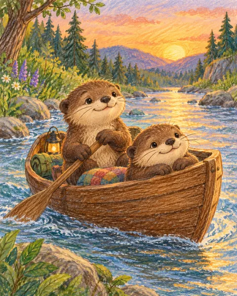 Otter Boat Adventure · Crayon and Colored Pencil
