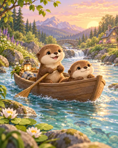 Otter Boat Adventure · Soft Digital Pastel