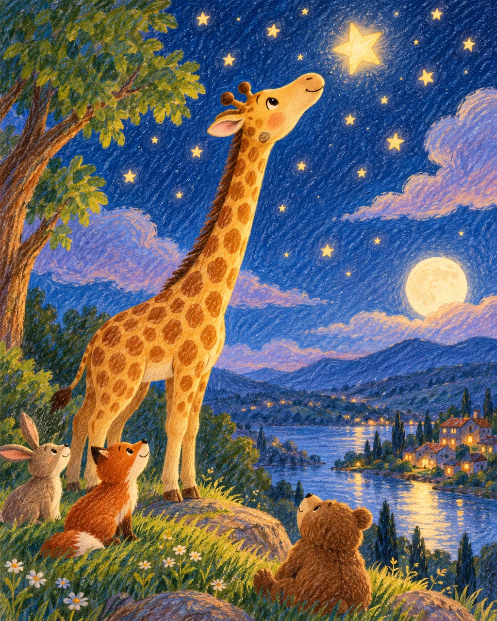 Giraffe Reaching for Stars · Crayon and Colored Pencil