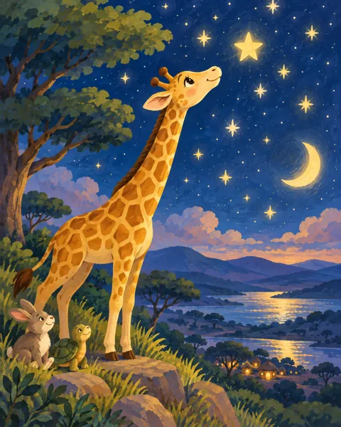 Giraffe Reaching for Stars · Gouache Storybook