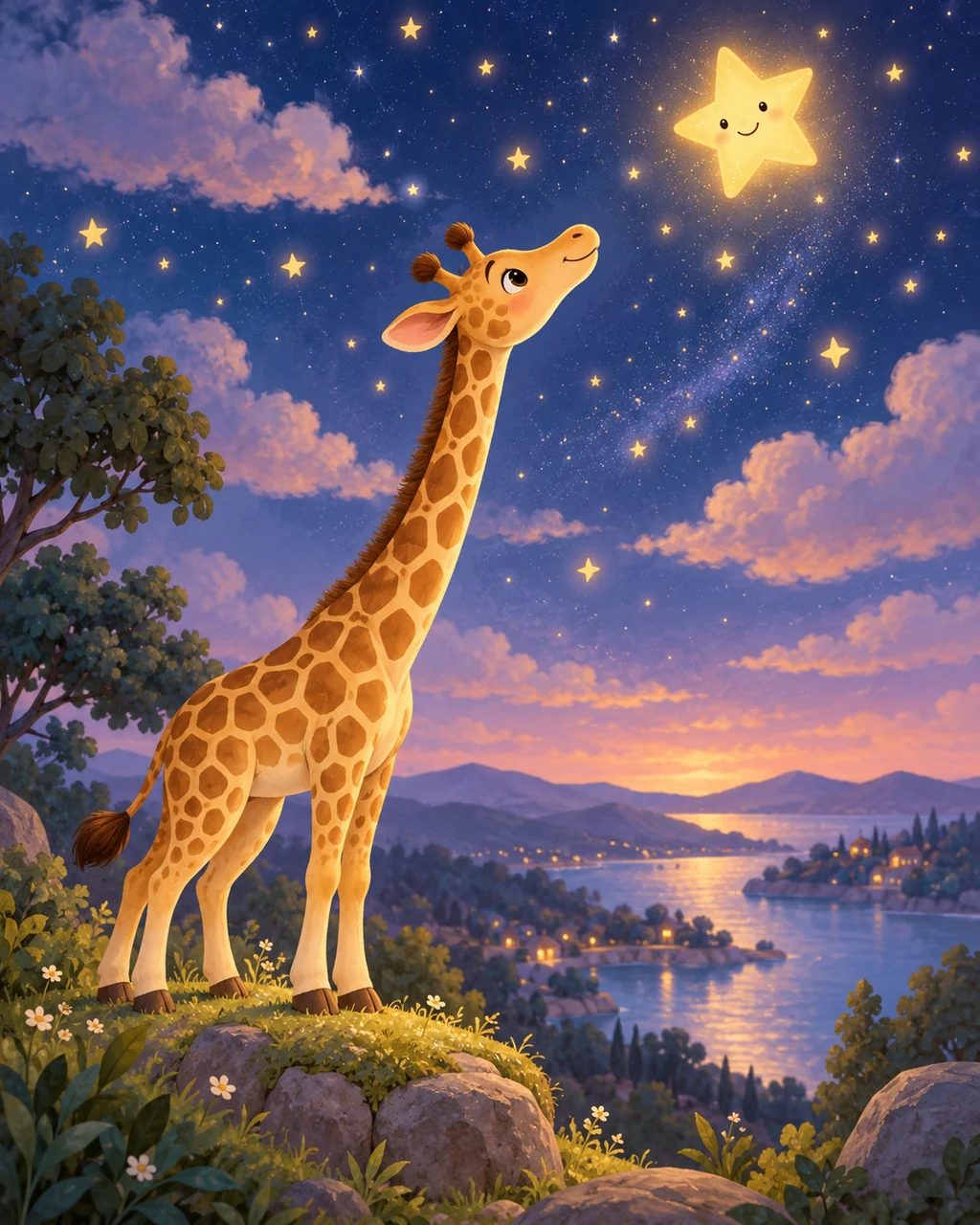 Giraffe Reaching for Stars · Soft Digital Pastel