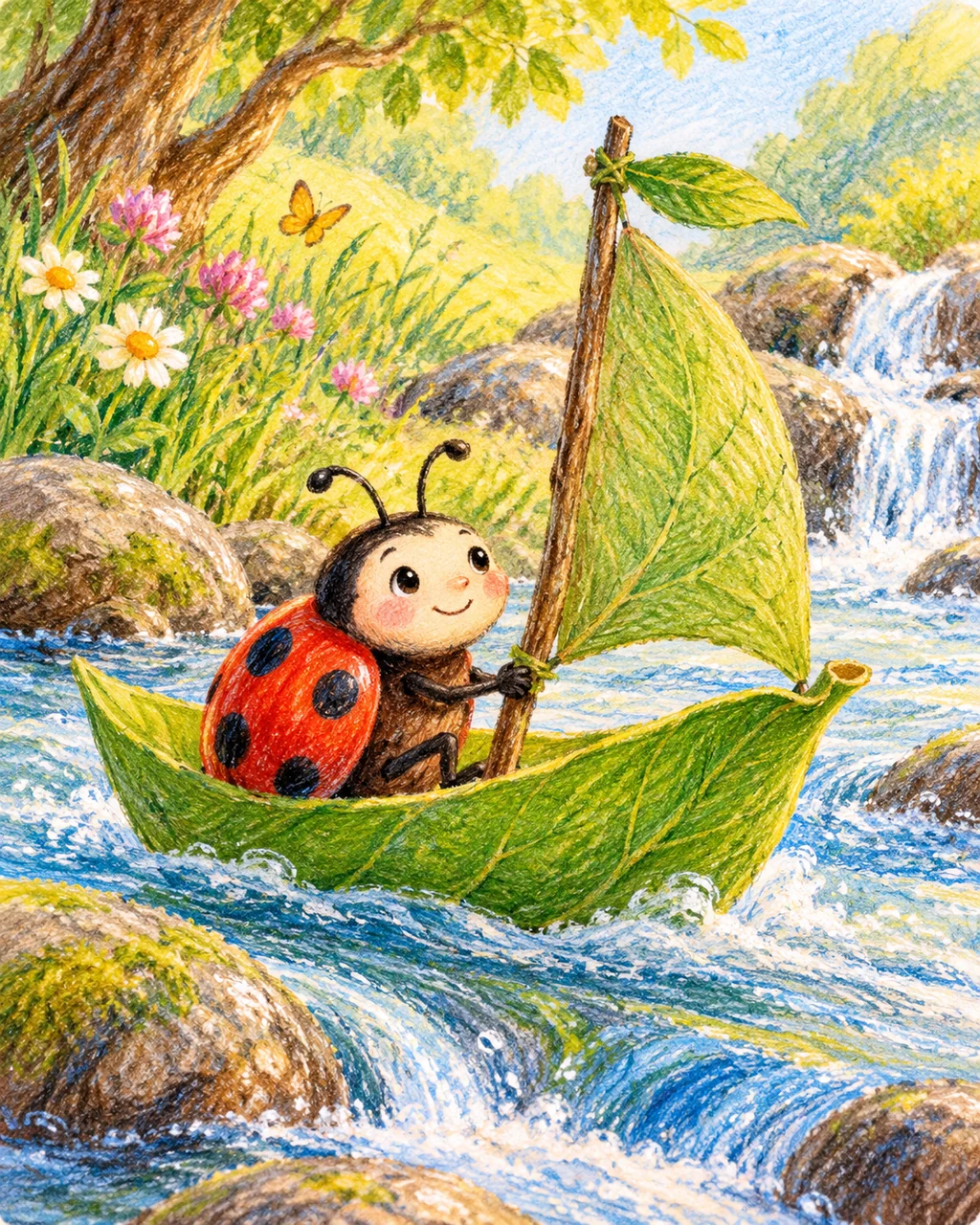 Ladybug Leaf Boat · Crayon and Colored Pencil